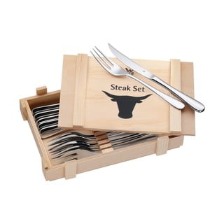 6 steiku galda piederumu komplekts koka kastē WMF Cromargan®