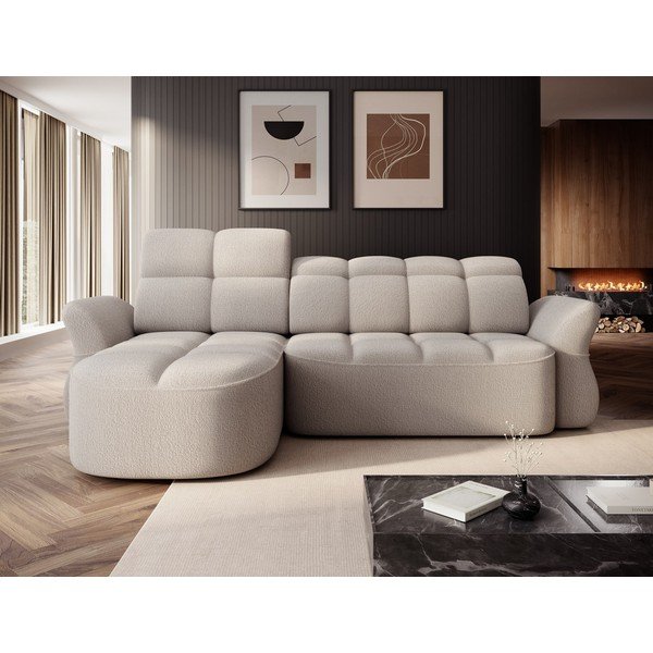 Bēšs salokāms/ar uzglabāšanas vietu stūra dīvāns no buklē auduma (ar kreiso stūri/ar zvilni) Beneth – ELTAP-image-1