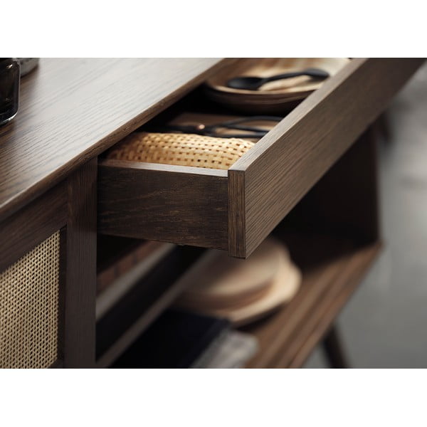 Tumši brūna zema kumode ar ozolkoka imitāciju un bīdāmām durvīm 180x80 cm Barrali – Unique Furniture-image-4