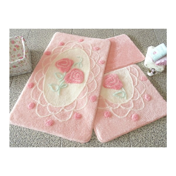 Trīs rozā vannas istabas paklājiņu komplekts ar rožu motīvu Knit Knot