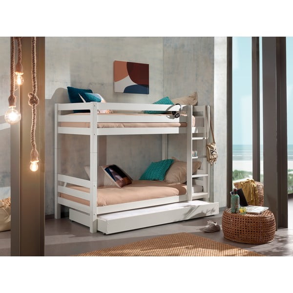 Balta priedes masīvkoka divstāvu/izvelkama bērnu gulta ar veļas kasti 90x200 cm PINO – Vipack-image-1