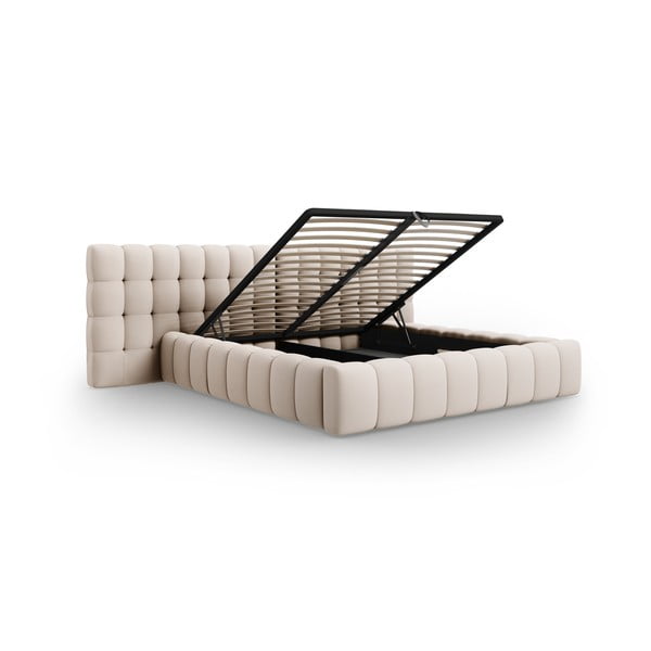 Bēša polsterēta divvietīga gulta ar veļas kasti un redelēm 160x200 cm Mamaia – Micadoni Home-image-3