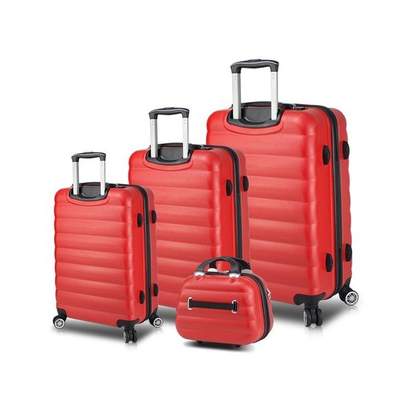 3 sarkanu ceļojuma koferu komplekts uz riteņiem ar USB pieslēgvietām un rokas somu My Valice RESSO Travel Set