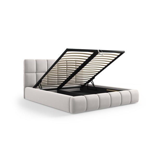 Gaiši pelēka samta polsterēta divvietīga gulta ar veļas kasti un redelēm 140x200 cm Bellis – Micadoni -image-2