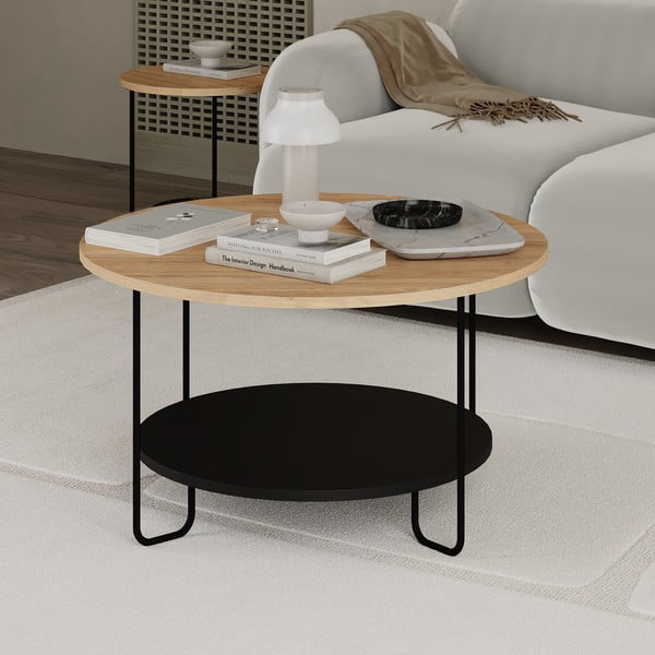 Melns/dabīga toņa apaļš žurnālgaldiņš ar ozolkoka imitācijas galda virsmu ø 80 cm Tonka – Marckeric-image-2