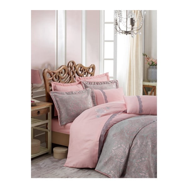 Rozā un pelēks divguļamās gultas pārklājs ar spilvendrānām Ornella, 250 x 260 cm