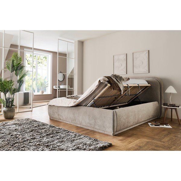 Bēša polsterēta divvietīga gulta ar veļas kasti ar redelēm 160x200 cm Soma – Meise Möbel-image-1