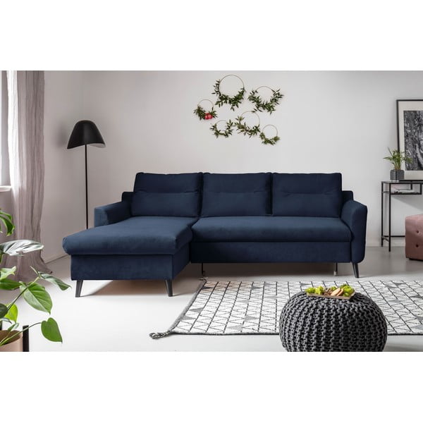 Tumši zils samta izlaižams stūra dīvāns Miuform Stylish Stan, kreisais stūris-image-1