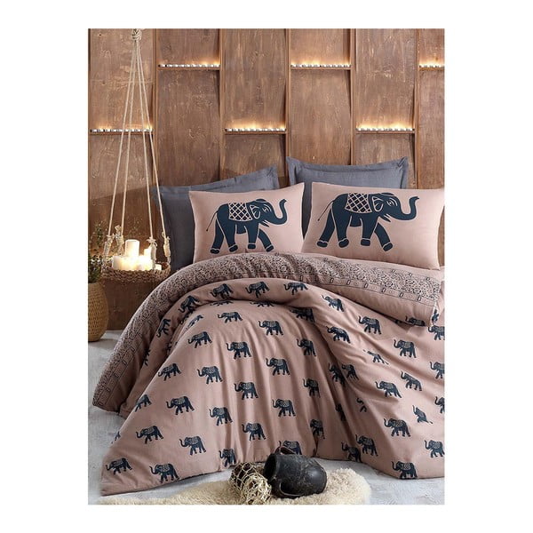 Brūna vienvietīga gultasveļa ar spilvendrānu "Ziloņi", 160 x 220 cm