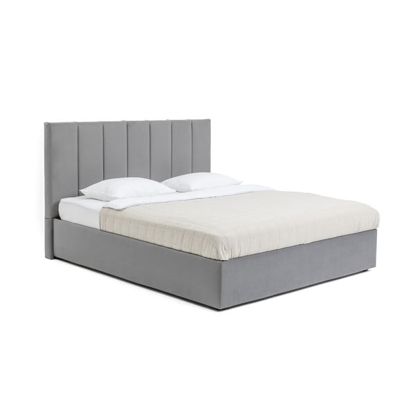 Pelēka polsterēta divvietīga gulta ar veļas kasti ar matraci un redelēm 180x200 cm Thessa Bold Line – Bonami Selection-image-3