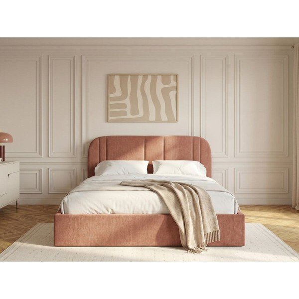 Rozā polsterēta divvietīga gulta ar veļas kasti ar redelēm 160x200 cm Sidney – Bobochic Paris-image-2