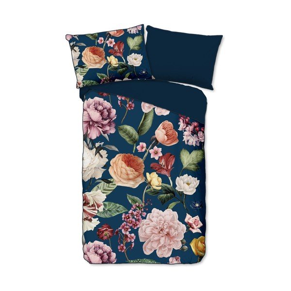 Tumši zila vienguļamā gultas veļa no kokvilnas satīna 140x220 cm Fiori – Descanso