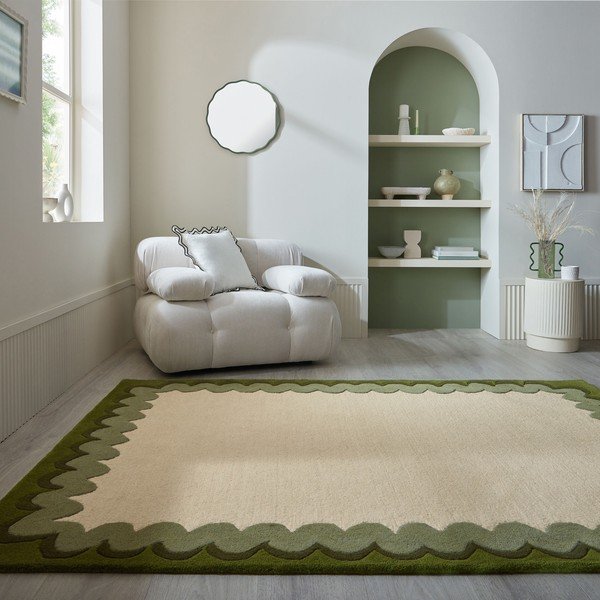 Zaļš/dabīga toņa ar rokām darināts vilnas paklājs 140x200 cm Wiggle Wool – Flair Rugs-image-1