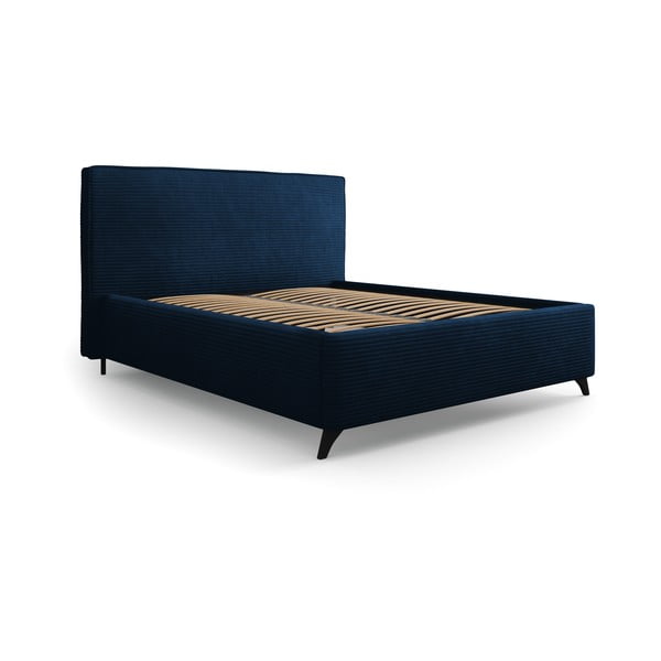 Tumši zila polsterēta divvietīga gulta ar veļas kasti un režģi 160x200 cm Malou – Milo Casa