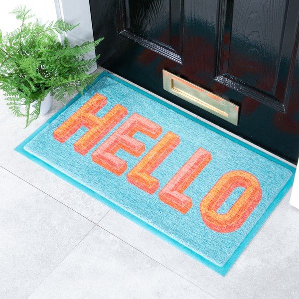 Pārstrādātas plastmasas kājslauķis 40x70 cm Blue Hello – Artsy Doormats-image-1