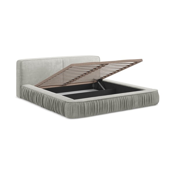 Gaiši pelēka polsterēta divvietīga gulta ar veļas kasti un redelēm 160x200 cm Keoni – Makamii-image-1