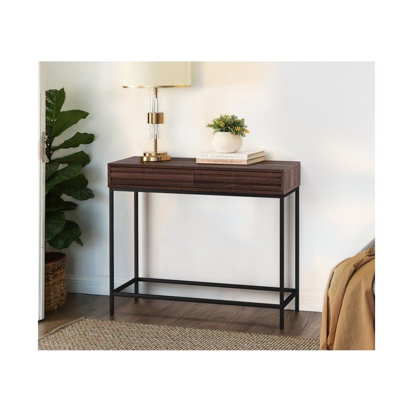 Tumši brūns konsoles galds ar valrieksta koka imitācijas galda virsmu 35x90 cm Celine – Støraa-image-1