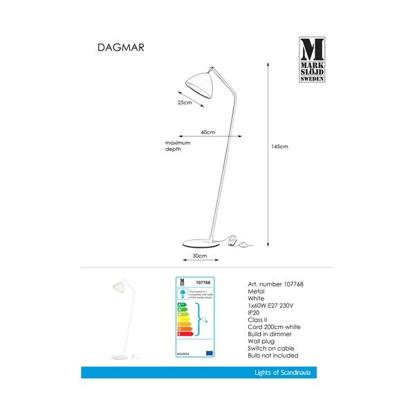 Balta stāvlampa Markslöjd Dagmar Uno Floor White, augstums 1,45 m-image-3