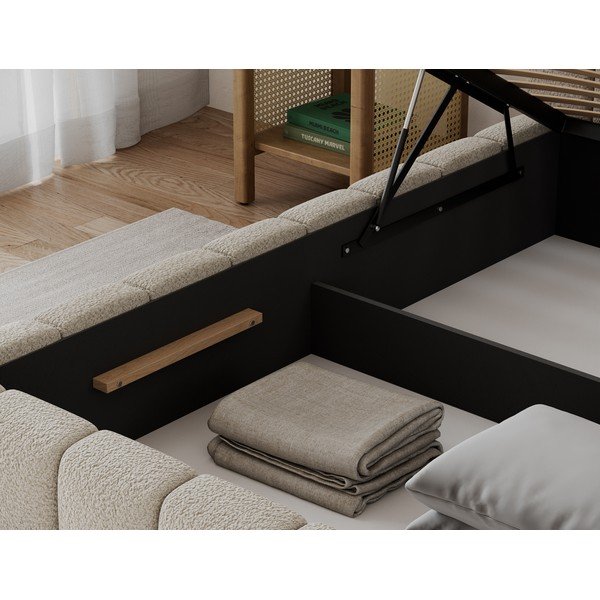 Bēša polsterēta vienvietīga gulta ar veļas kasti ar redelēm 90x200 cm Lamica – ELTAP-image-2