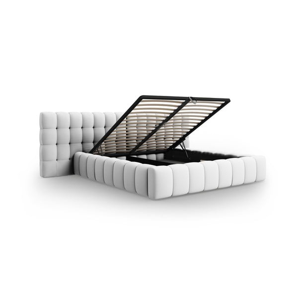 Gaiši pelēka polsterēta divvietīga gulta ar veļas kasti un redelēm 200x200 cm Mamaia – Micadoni Home-image-3