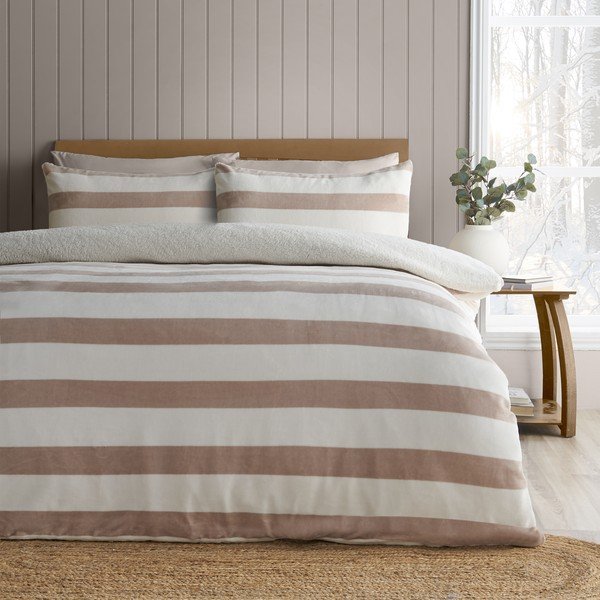 Dabīga toņa divguļamā gultas veļa no Sherpa flīsa 200x200 cm Cosy Sherpa Stripe – Catherine Lansfield-image-1
