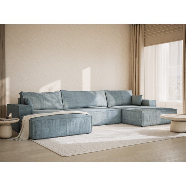 Gaiši zils salokāms (U veida) stūra dīvāns no šenila auduma ar uzglabāšanas vietu Kyoto – Maison de Rêve-image-1