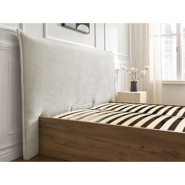 Krēmkrāsas polsterēta polsterēta/no skaidu plāksnēm divvietīga gulta ar veļas kasti ar redelēm 160x200 cm Charlie – Bobochic Paris-image-3