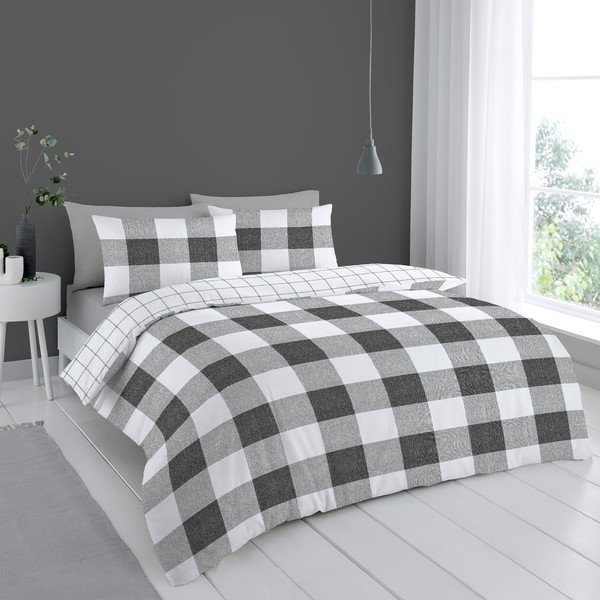 Balti pelēka gultas veļa 200x200 cm Bold Check – Cloudsoft-image-1