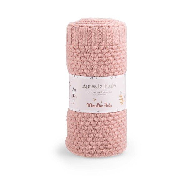 Rozā adīta bērnu sega no jauktas šķiedras 75x86 cm Après la Pluie – Moulin Roty-image-1