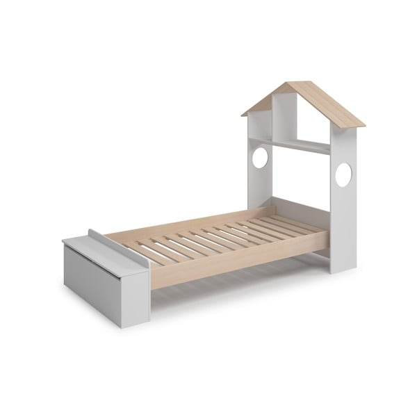 Balta/dabīga toņa bērnu gulta mājas formā ar priedes koka imitāciju un veļas kasti 90x190 cm Odessa – Marckeric