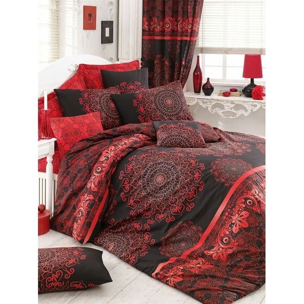Sarkana/melna pagarinātā kokvilnas gultas veļa divguļamai gultai ar palagu un segas pārklāju 220x240 cm Osmanli – Mijolnir