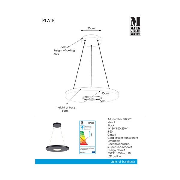 Melns piekaramais gaismeklis Markslöjd Plate, ø 50 cm-image-1