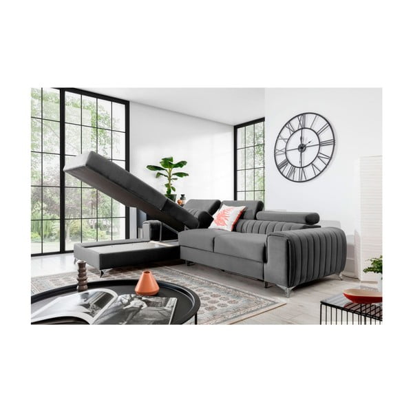 Pelēks samta salokāms/ar uzglabāšanas vietu stūra dīvāns (ar kreiso stūri/ar zvilni) Grayson – ELTAP-image-3