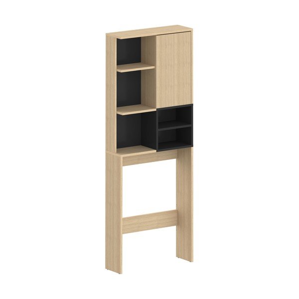Melns augsts vannas istabas skapītis ar ozolkoka imitāciju virs veļas mašīnas/tualetes 64x179 cm Kube – TemaHome -image-2