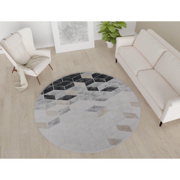 Balts/pelēks mazgājams apaļš paklājs ø 120 cm – Vitaus-image-1