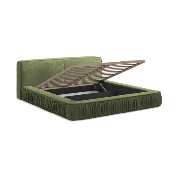 Zaļa polsterēta divvietīga gulta ar veļas kasti un redelēm 180x200 cm Keoni – Makamii-image-2