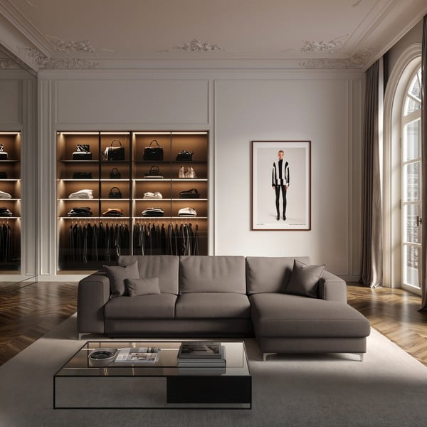 Pelēkbrūns samta salokāms stūra dīvāns ar uzglabāšanas vietu (ar labo stūri/ar zvilni) Rene – Rodier-image-1