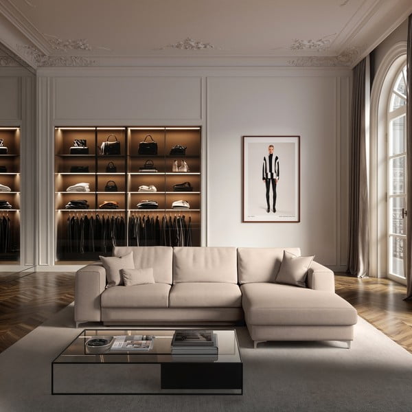 Bēšs samta salokāms stūra dīvāns ar uzglabāšanas vietu (ar labo stūri/ar zvilni) Rene – Rodier-image-1