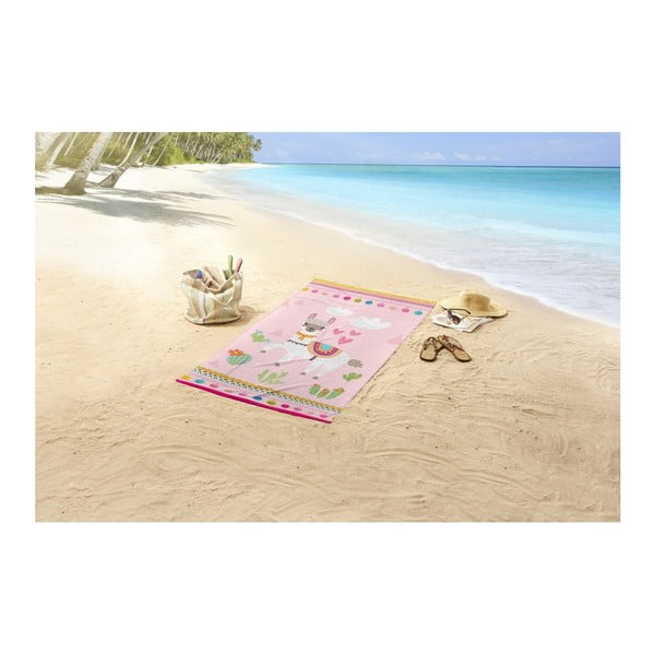 Pludmales dvielis ar apdruku Good Morning Lama, 75 x 150 cm-image-1