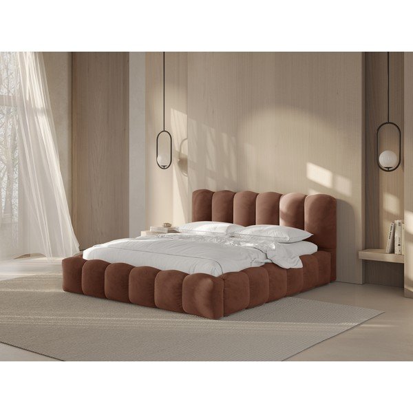 Brūna polsterēta divvietīga gulta ar veļas kasti ar redelēm 160x200 cm Lupine – Micadoni -image-1