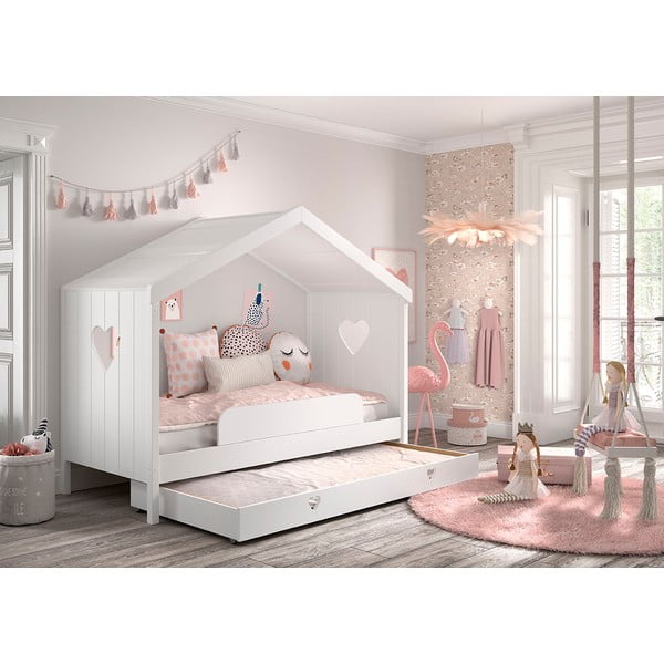 Balta priedes masīvkoka bērnu gulta mājas formā/izvelkama ar veļas kasti 90x200 cm AMORI – Vipack-image-2