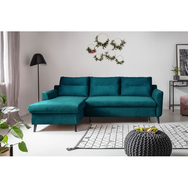 Tirkīza zils samta izlaižams stūra dīvāns Miuform Stylish Stan, kreisais stūris-image-1