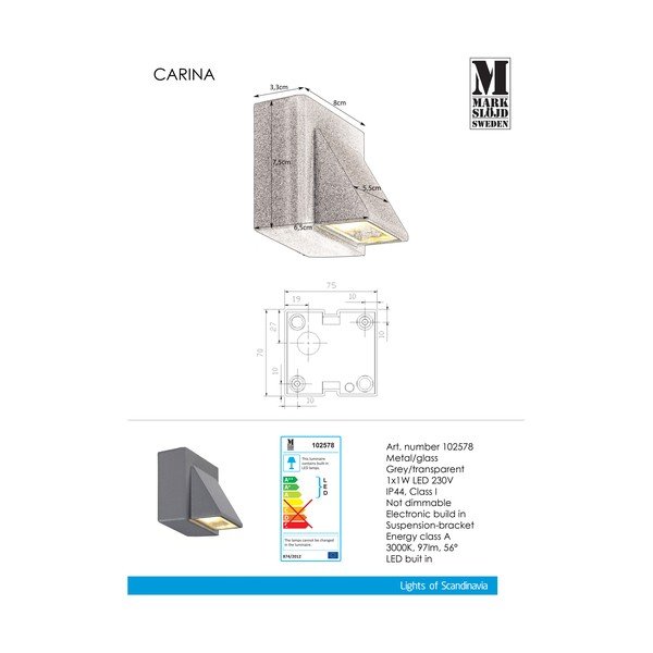 Pelēka sienas lampa Markslöjd Carina, 8 x 7,5 cm-image-1