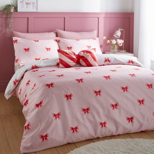 Rozā vienguļamā gultas veļa 135x200 cm Dotty Bows – Sassy B-image-1