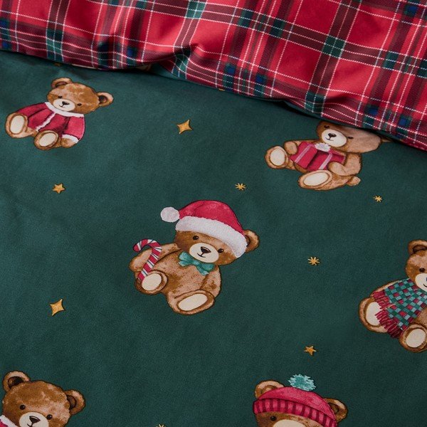 Sarkana/tumši zaļa vienguļamā bērnu gultas veļa 120x150 cm Christmas Tartan Teddy Bear – Catherine Lansfield-image-2
