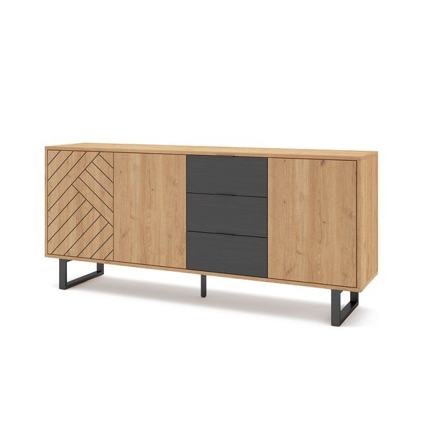 Antracīta pelēka/dabīga toņa zema kumode ar ozolkoka imitāciju 180x80 cm Madona – Marckeric-image-2