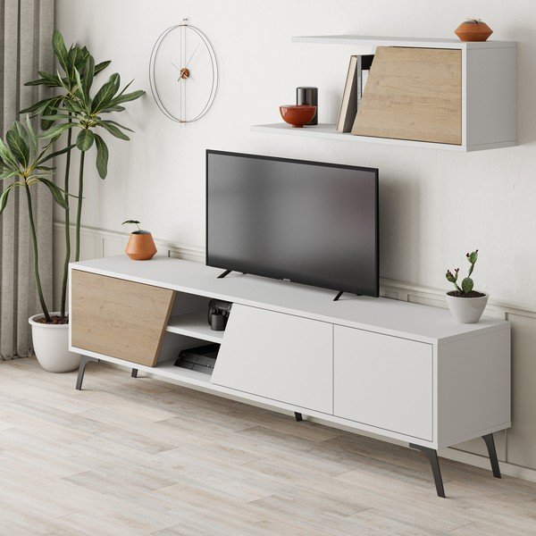 Balts/dabīga toņa TV plauktu komplekts no ozolkoka imitācijas 180x48 cm Fiona – Kalune Design-image-2
