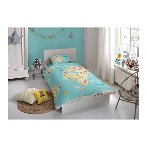 Bērnu kokvilnas gultasveļa Good Morning World Map, 140 x 200 cm-image-1