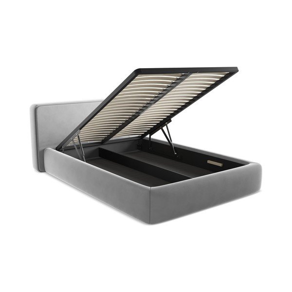 Pelēka polsterēta divvietīga gulta ar veļas kasti un redelēm 140x200 cm Kiana – Makamii-image-3