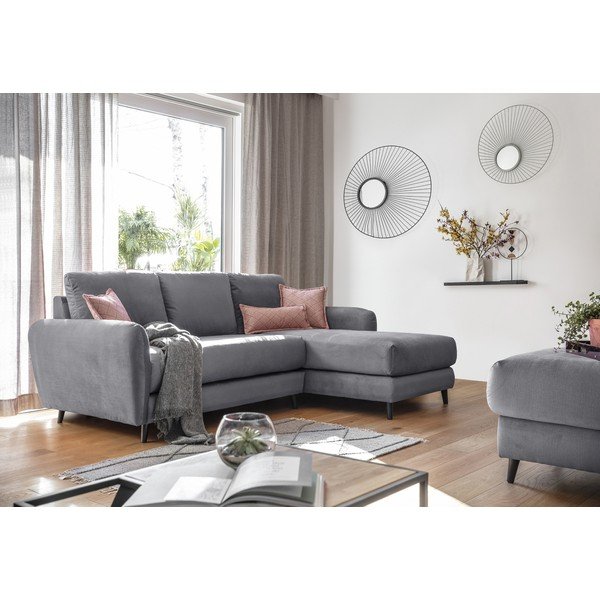 Gaiši pelēks samta stūra dīvāns ar kāju soliņu Miuform Cozy Claire, labais stūris-image-4